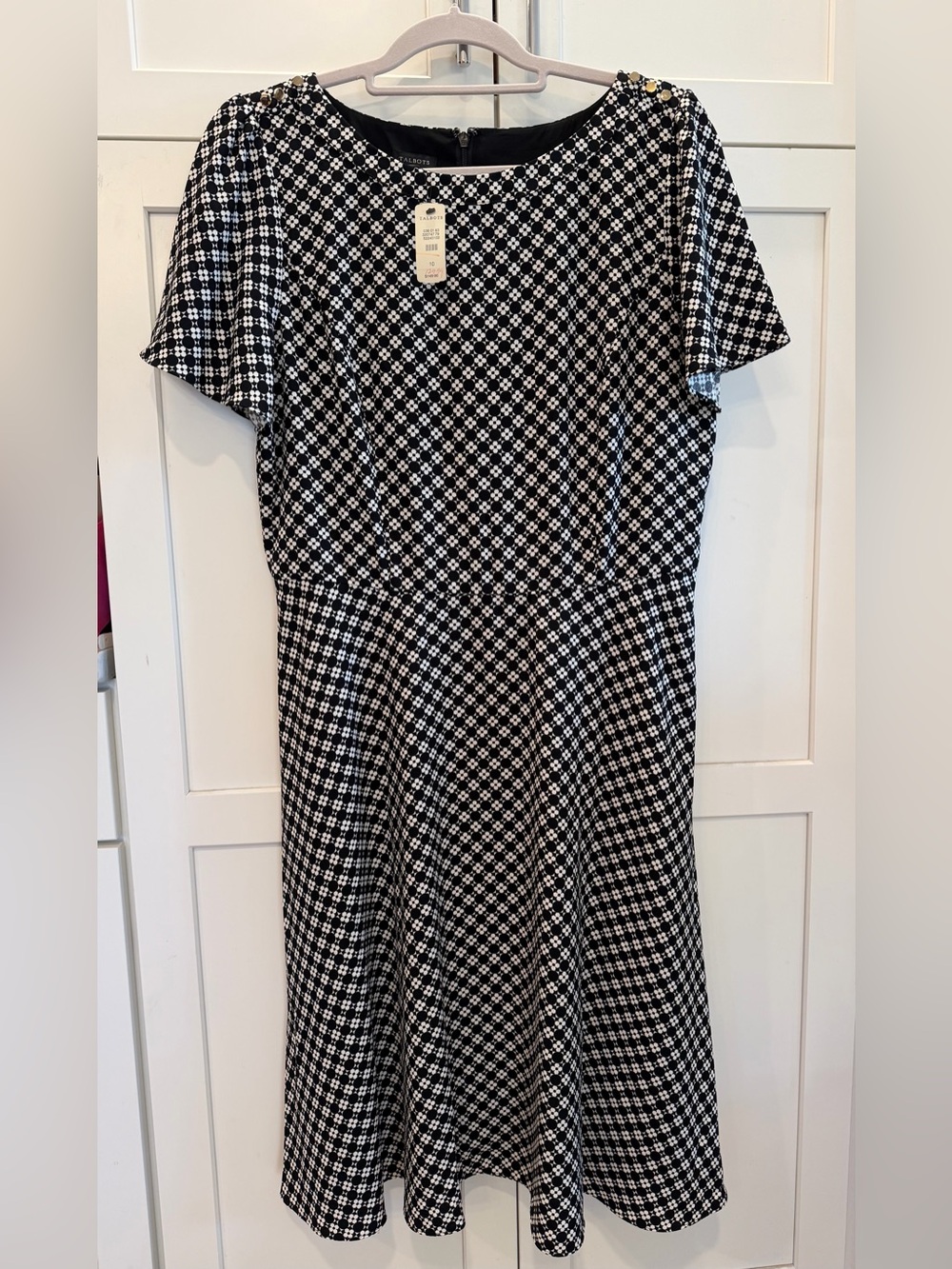 Talbots Black & White Checked Short Sleeve Fit-and-Flare Dress-NWT